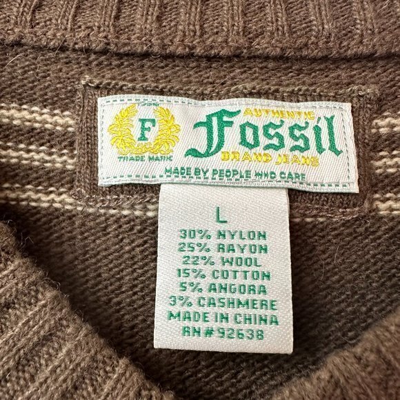 Fossil sweater Men L Brown tan stripe Cashmere Wool Angora blend v neck‎ - Picture 6 of 8